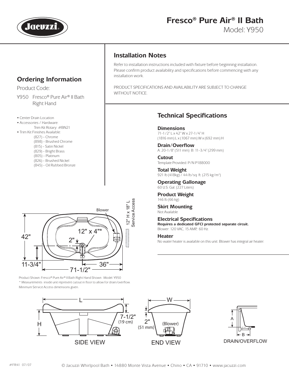 Fresco® pure air® ii bath, Model: y950, Ordering information | Technical speciﬁ cations, Side view end view l h 7-1/2" w 2 | Jacuzzi Fresco Y950 User Manual | Page 2 / 2