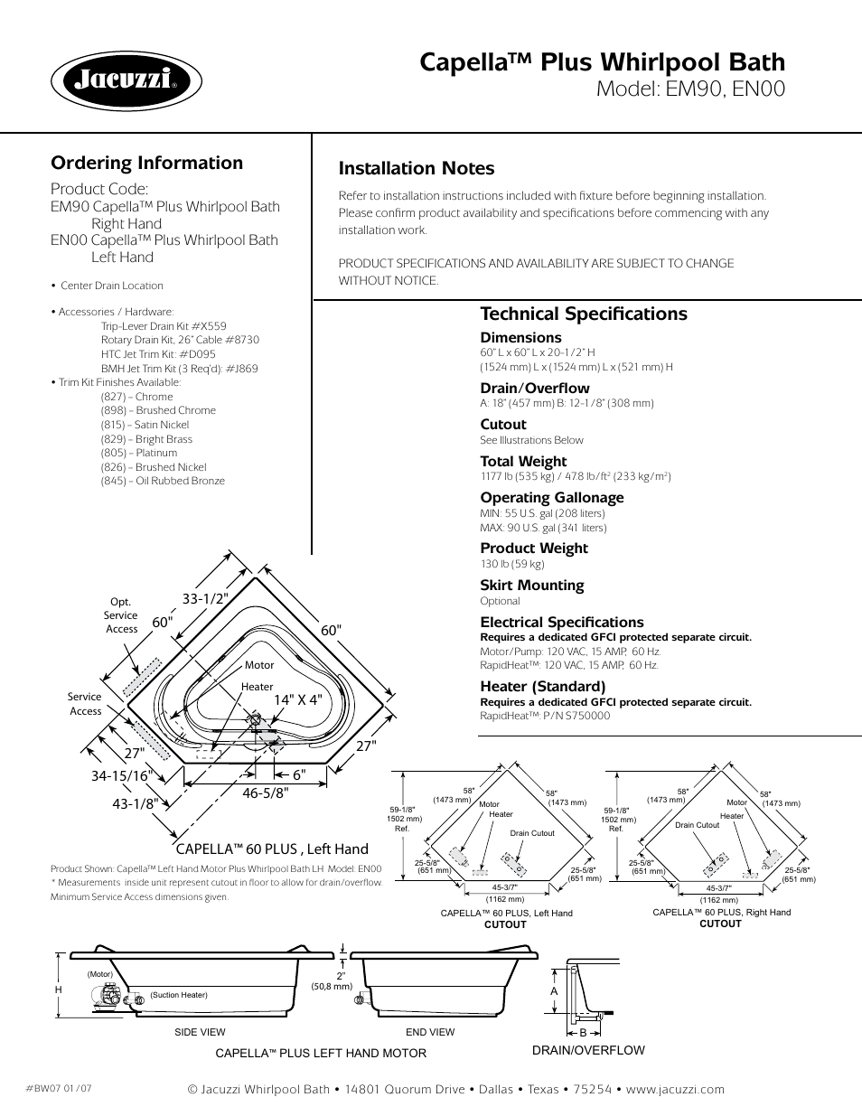 Capella™ plus whirlpool bath, Model: em90, en00, Ordering information | Technical specifications, Product code, Dimensions, Drain/overflow, Cutout, Total weight, Operating gallonage | Jacuzzi Capella EM90 User Manual | Page 2 / 2