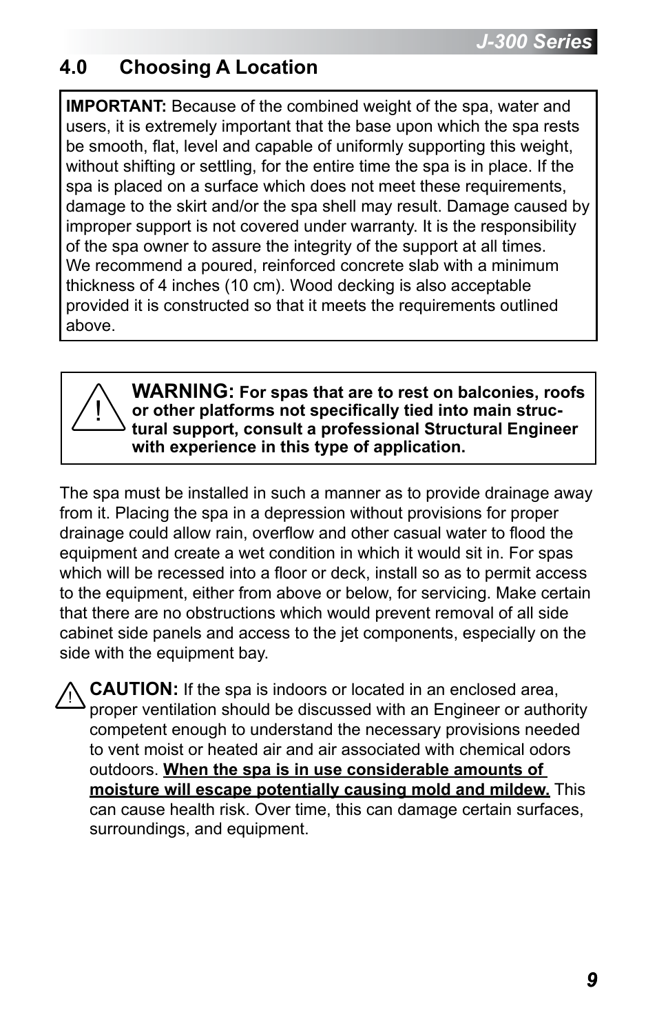 0 choosing a location | Jacuzzi J - 355 User Manual | Page 13 / 68