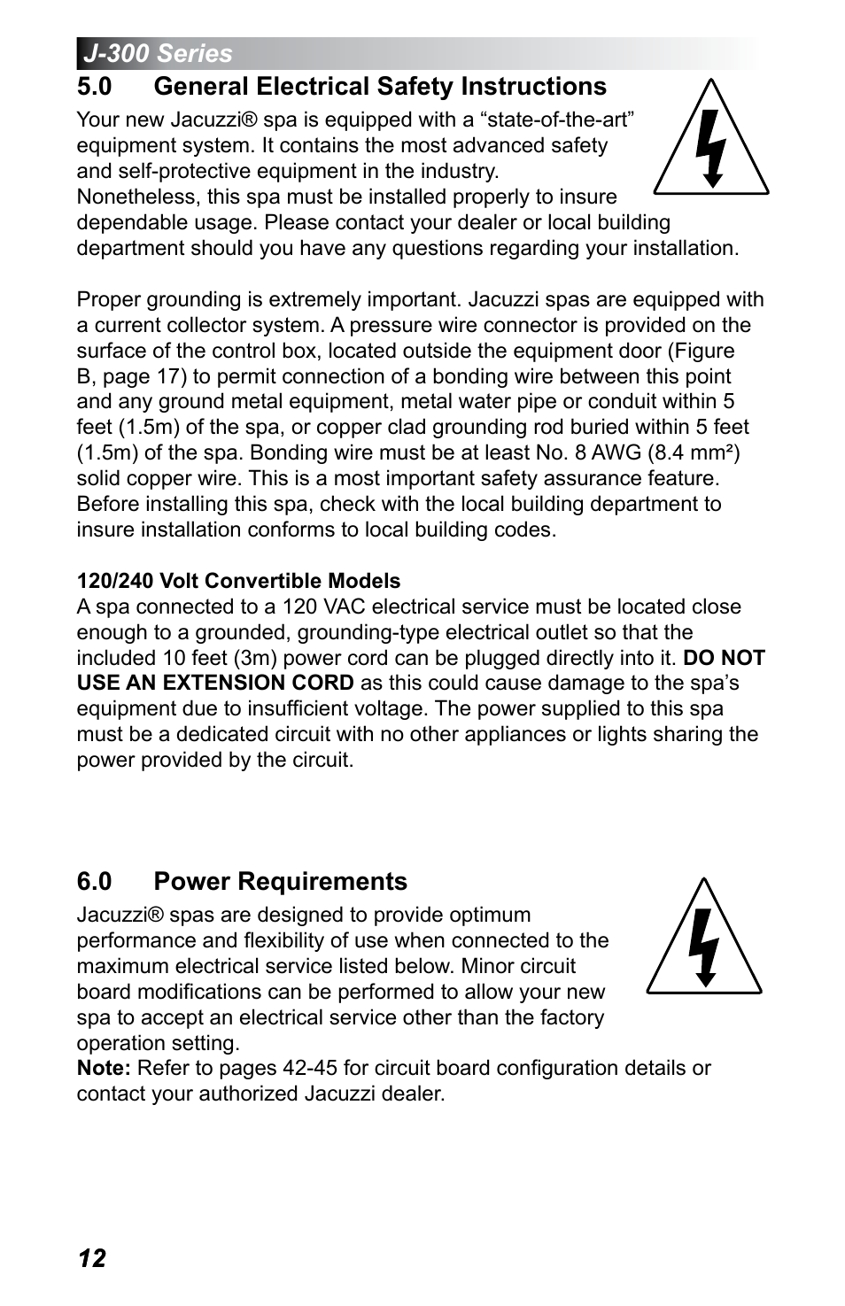 0 general electrical safety instructions, 0 power requirements | Jacuzzi J - 355 User Manual | Page 16 / 68