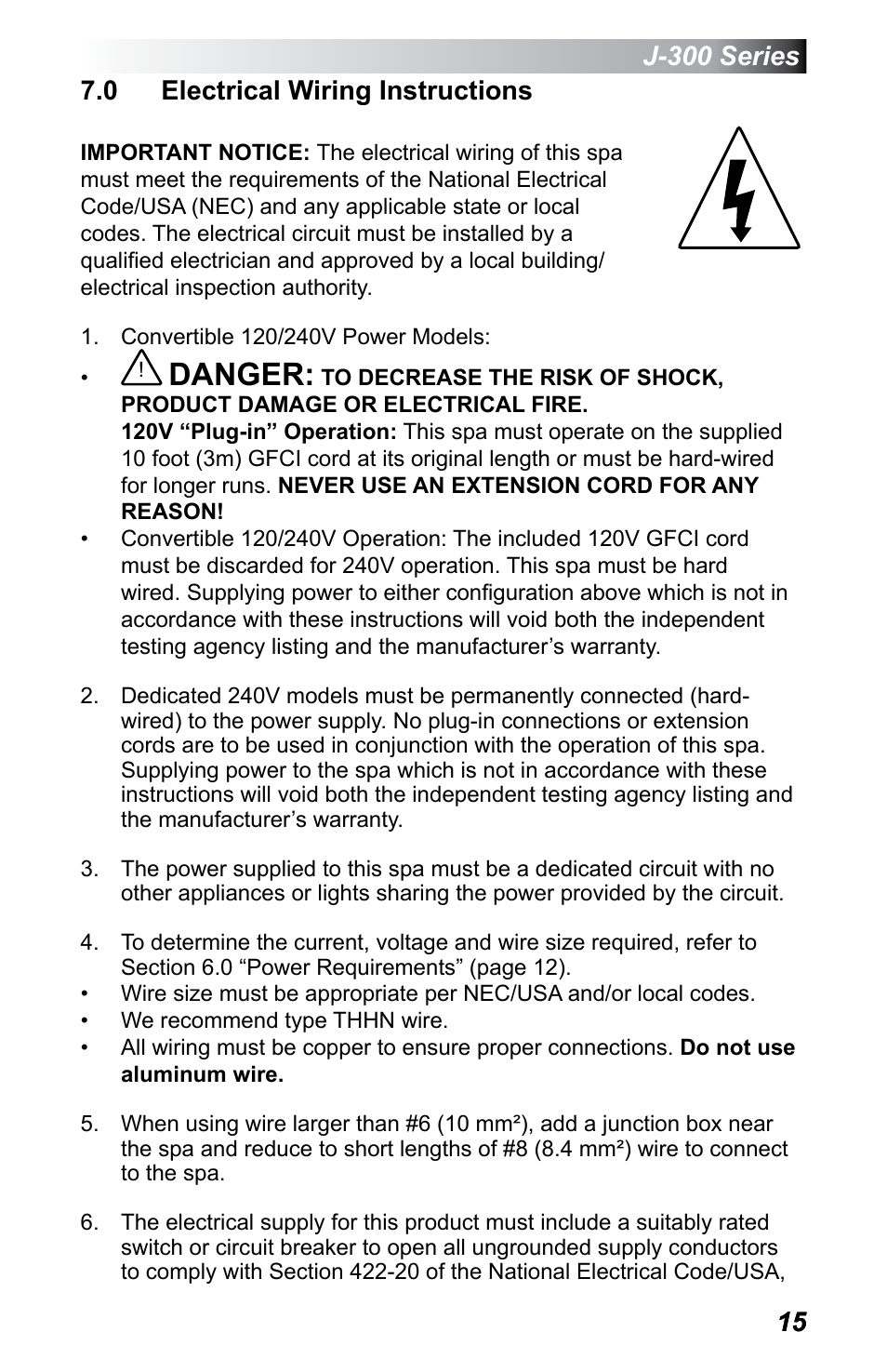 0 electrical wiring instructions, Danger | Jacuzzi J - 355 User Manual | Page 19 / 68