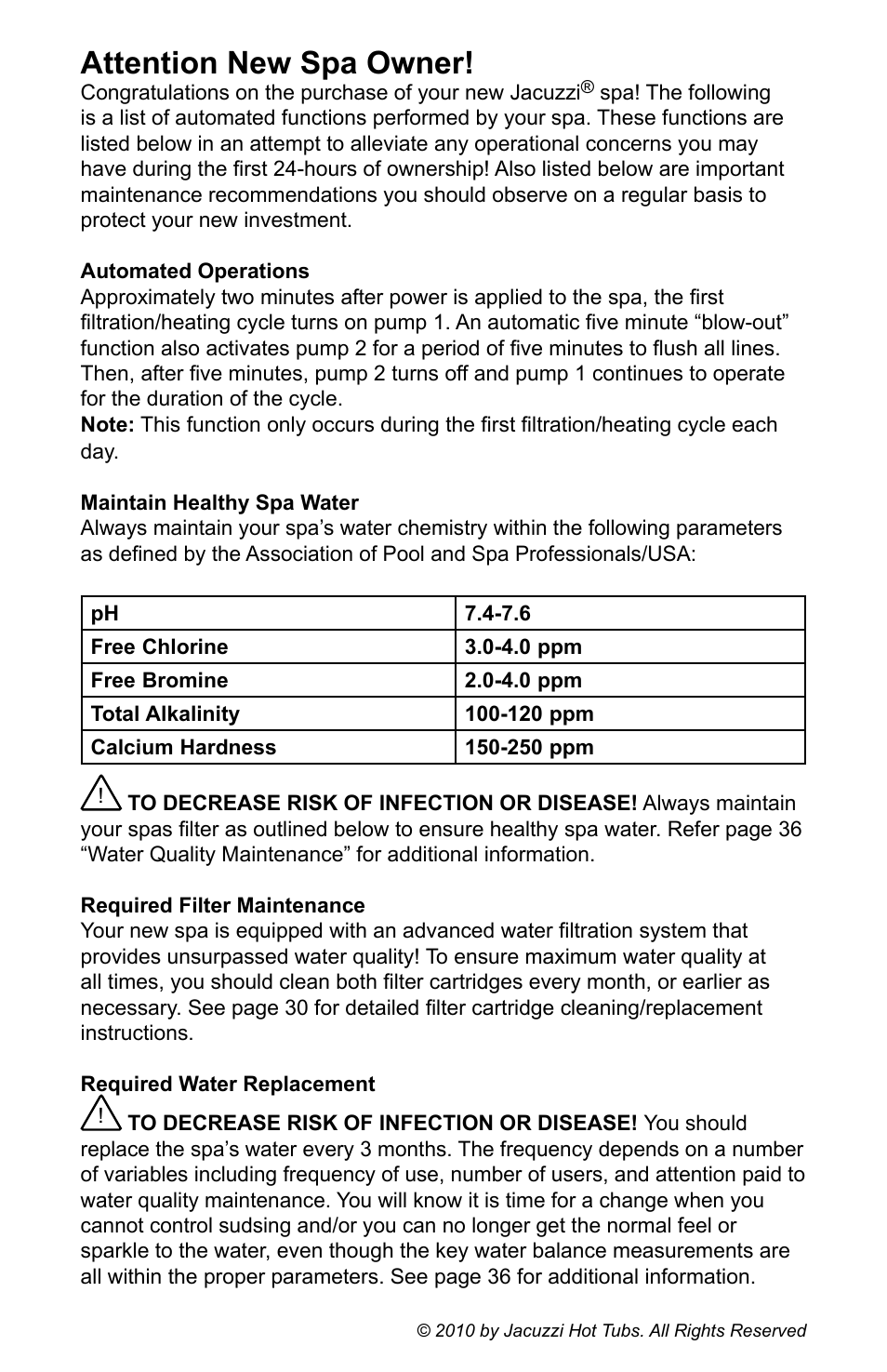 Attention new spa owner | Jacuzzi J - 355 User Manual | Page 2 / 68