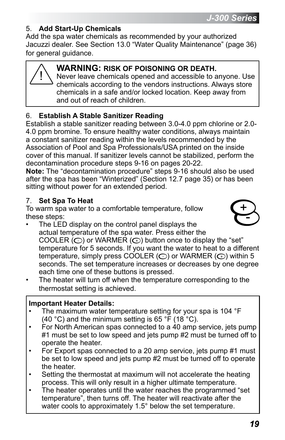 J-300 series, Warning | Jacuzzi J - 355 User Manual | Page 23 / 68