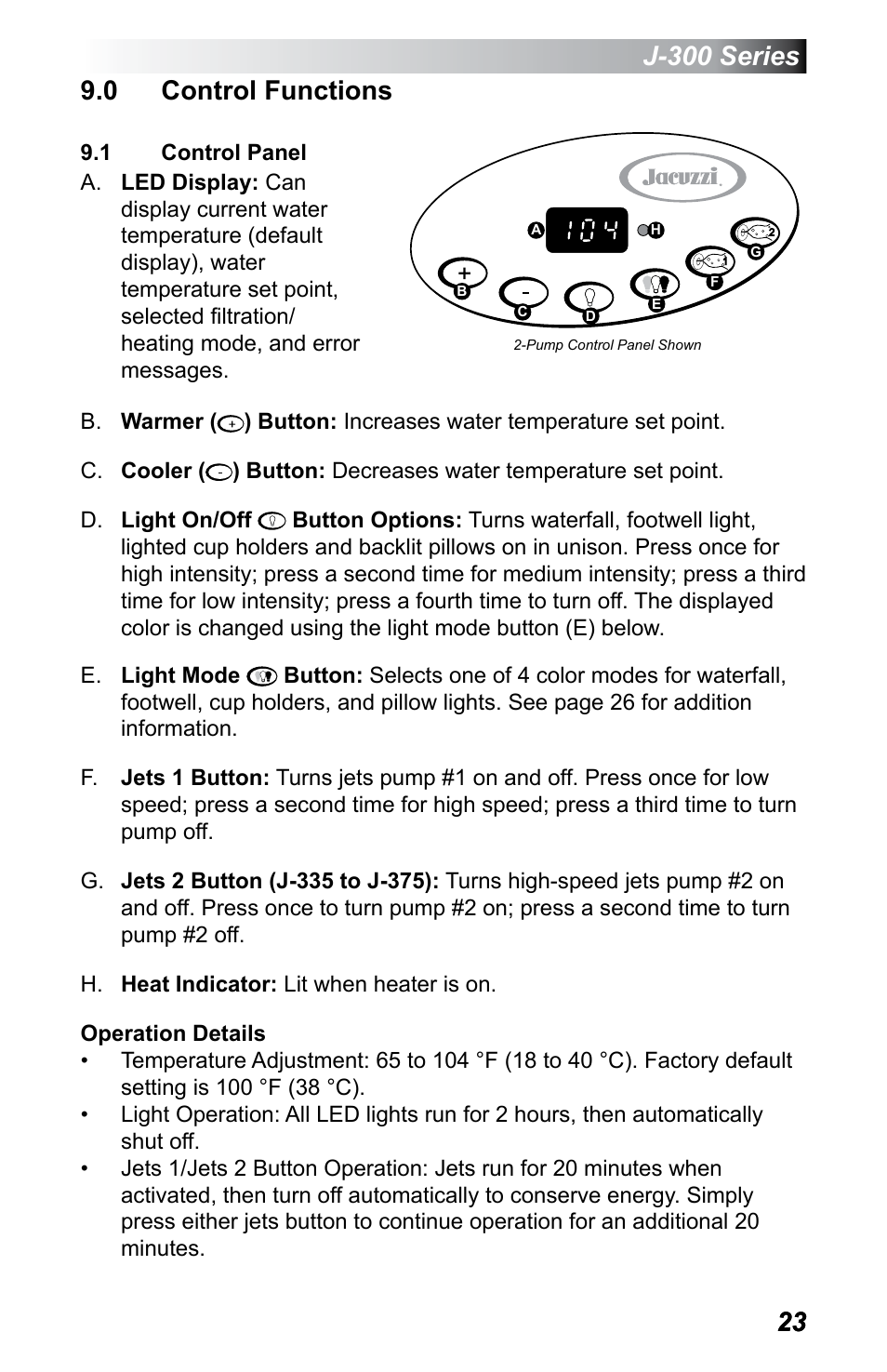 0 control functions, 1 control panel, Control panel | Jacuzzi J - 355 User Manual | Page 27 / 68