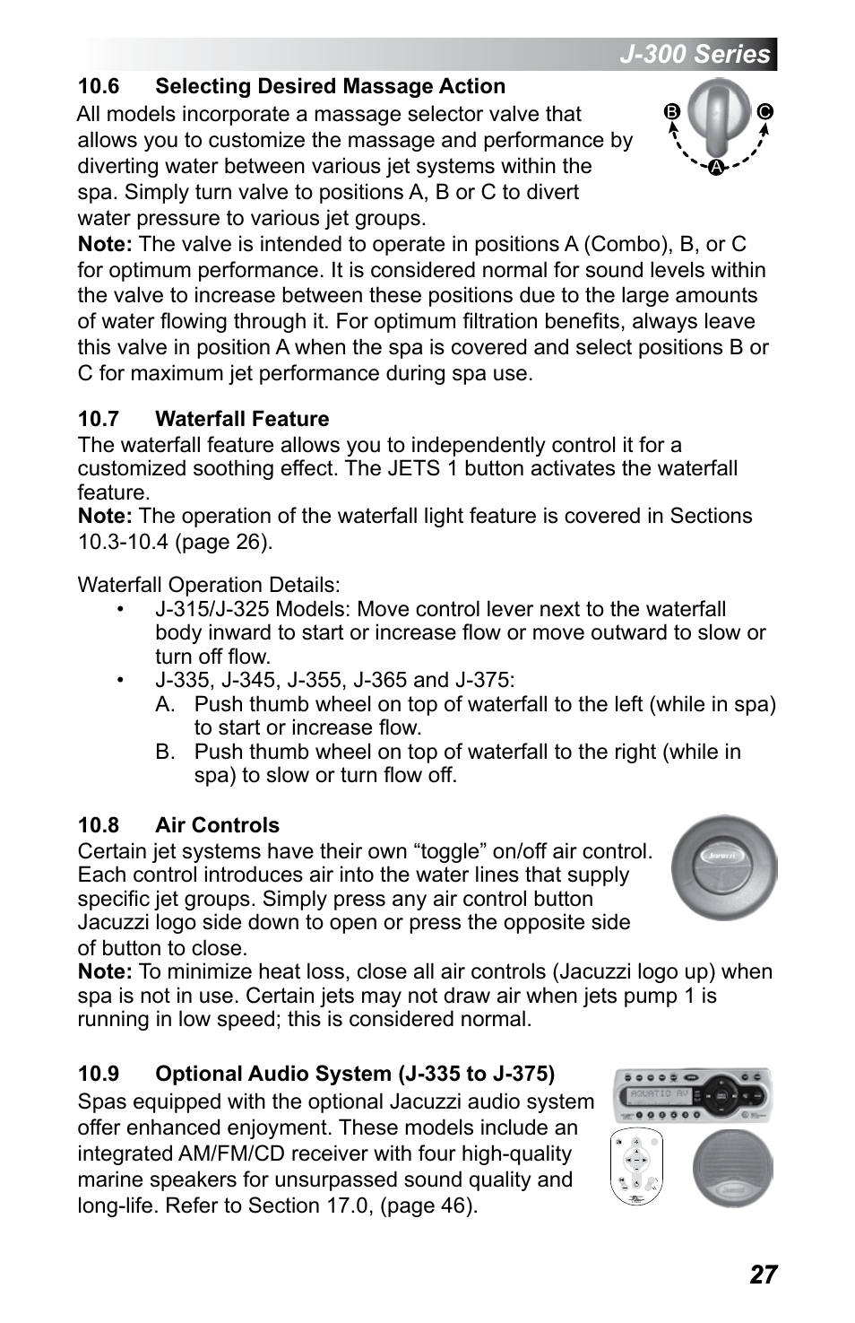 6 selecting desired massage action, 7 waterfall feature, 8 air controls | 9 optional audio system (j-335 to j-375), J-300 series | Jacuzzi J - 355 User Manual | Page 31 / 68