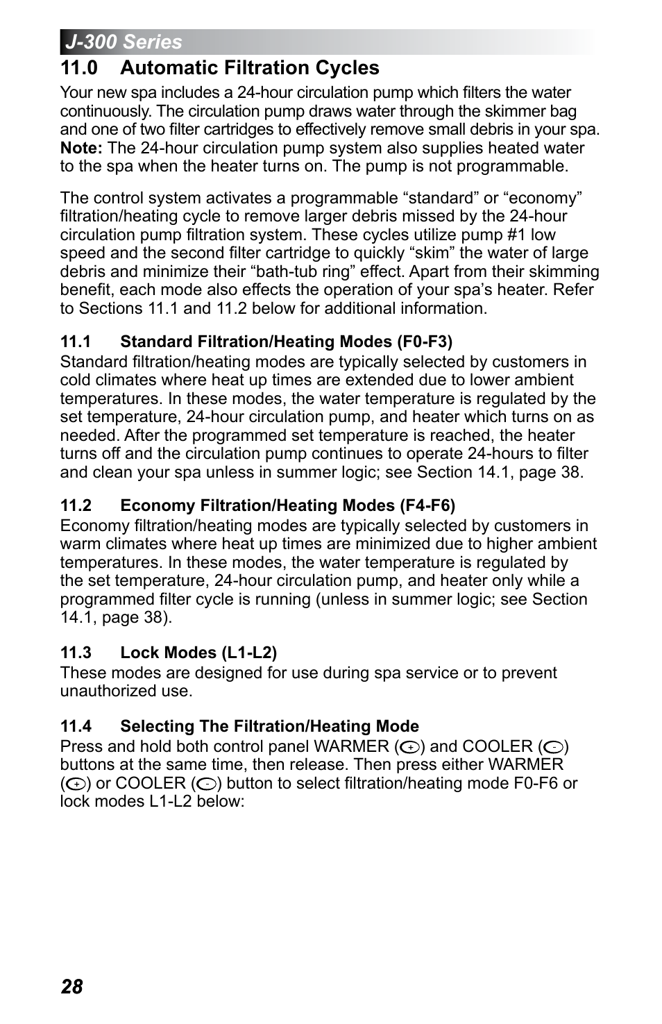 0 automatic filtration cycles, 1 standard filtration/heating modes (f0-f3), 2 economy filtration/heating modes (f4-f6) | 3 lock modes (l1-l2), 4 selecting the filtration/heating mode | Jacuzzi J - 355 User Manual | Page 32 / 68