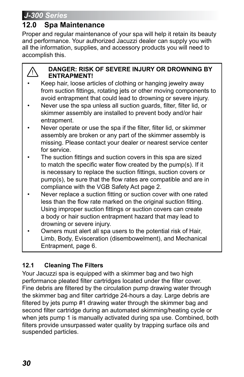 0 spa maintenance, 1 cleaning the filters | Jacuzzi J - 355 User Manual | Page 34 / 68