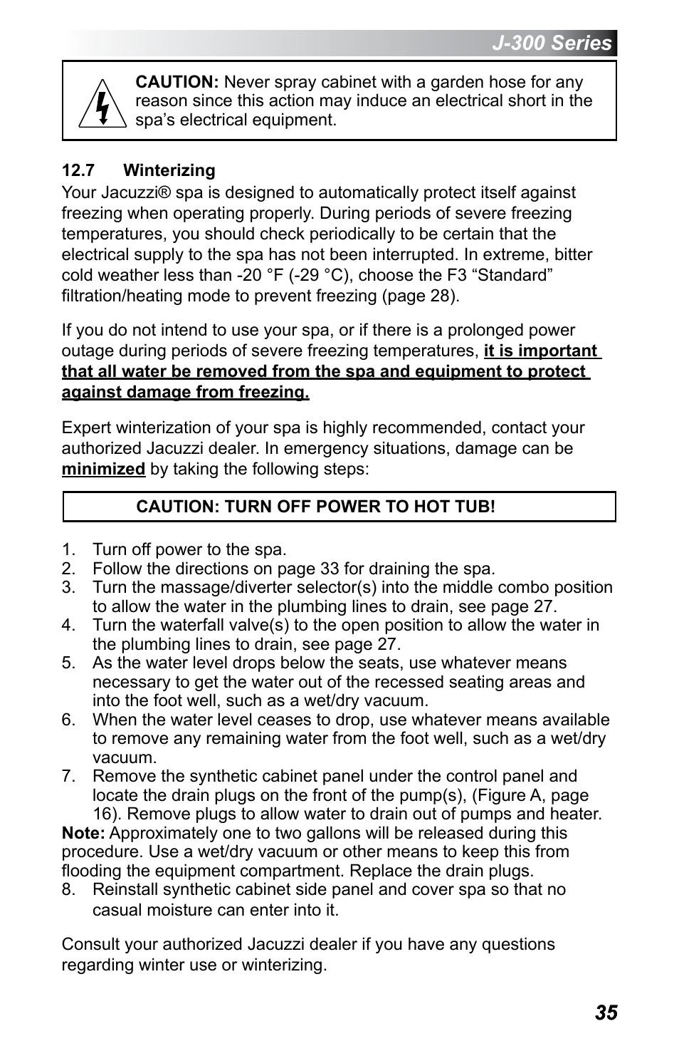 7 winterizing, J-300 series | Jacuzzi J - 355 User Manual | Page 39 / 68