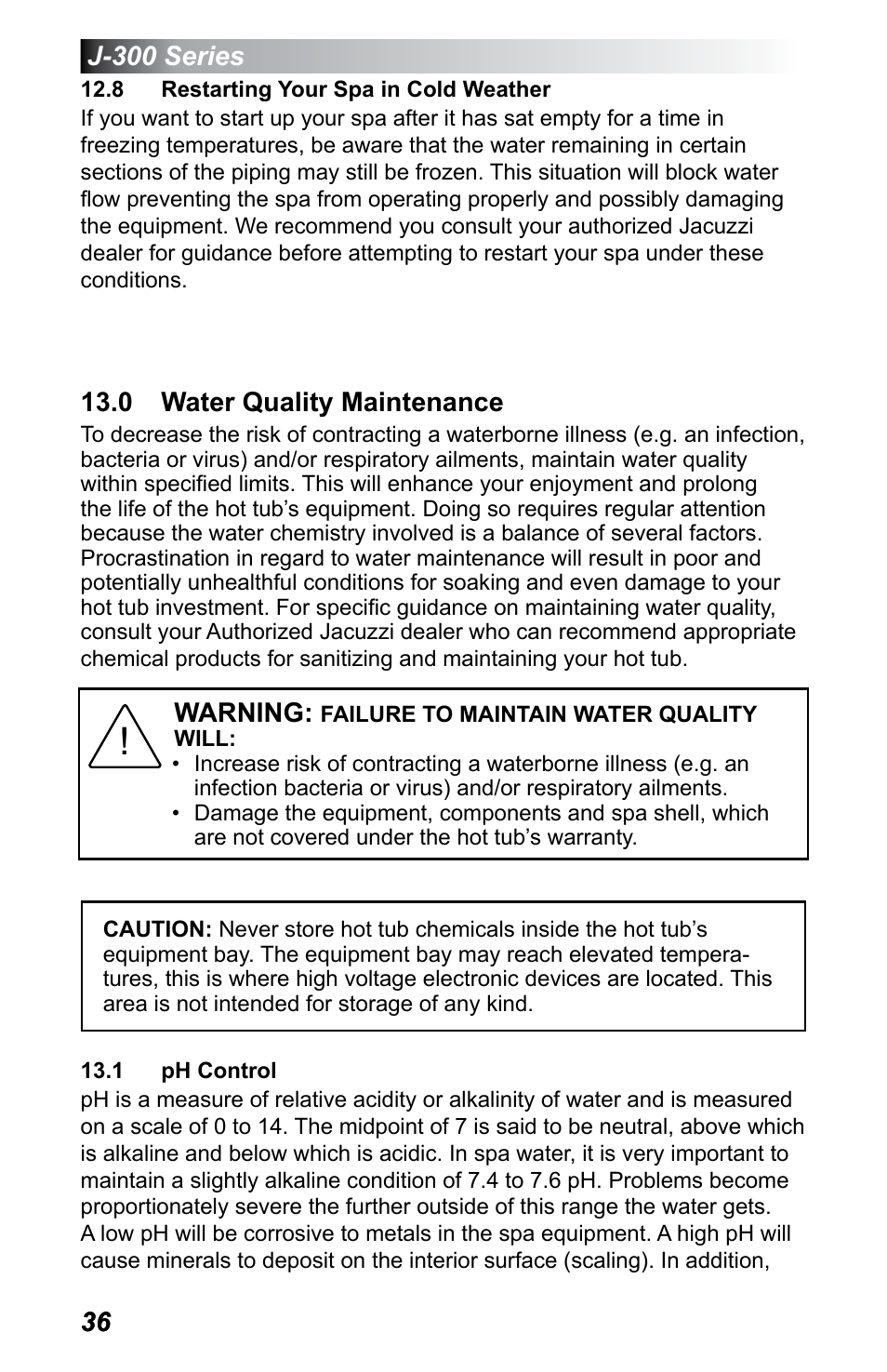 8 restarting your spa in cold weather, 0 water quality maintenance, 1 ph control | Jacuzzi J - 355 User Manual | Page 40 / 68