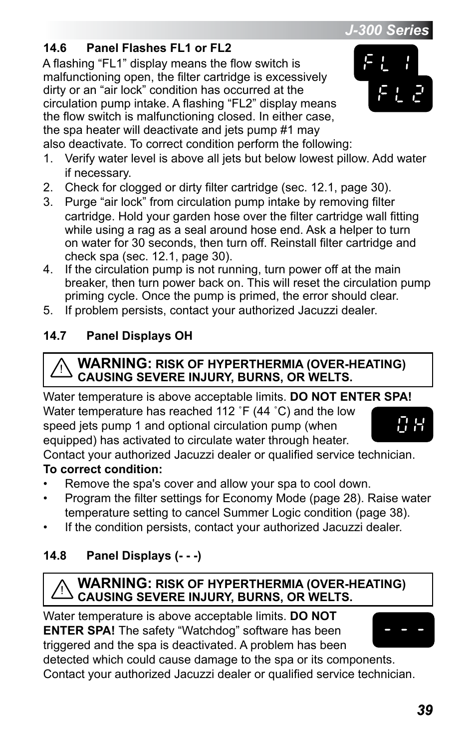 6 panel flashes fl1 or fl2, 7 panel displays oh, 8 panel displays (- - -) | J-300 series, Warning | Jacuzzi J - 355 User Manual | Page 43 / 68