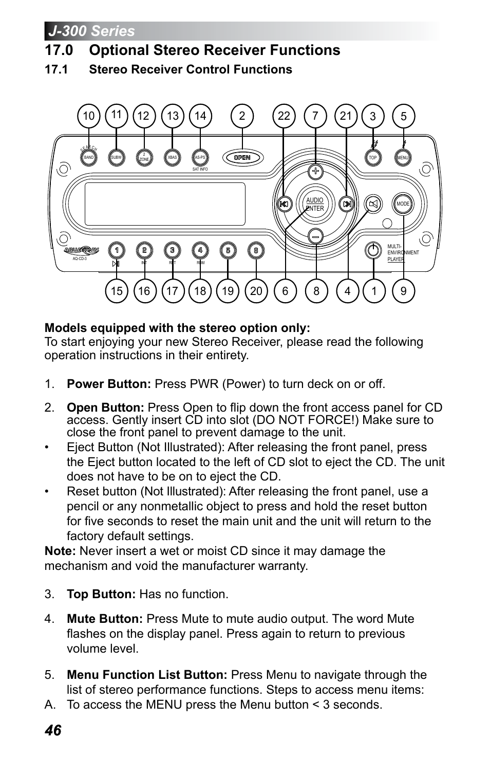 0 optional stereo receiver functions, 1 stereo receiver control functions | Jacuzzi J - 355 User Manual | Page 50 / 68