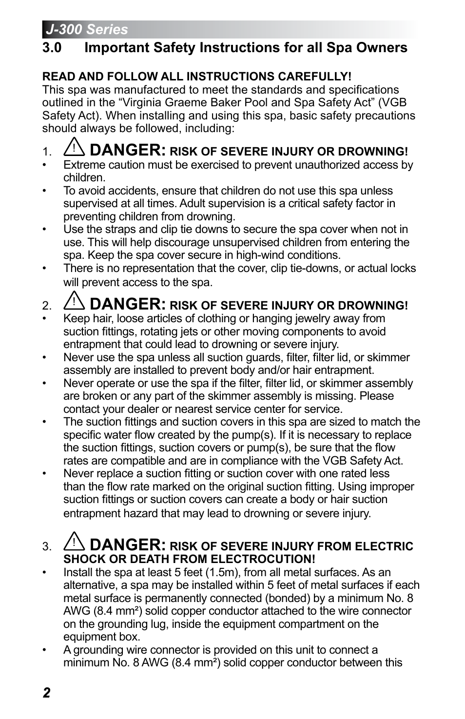 0 important safety instructions for all spa owners, Danger | Jacuzzi J - 355 User Manual | Page 6 / 68