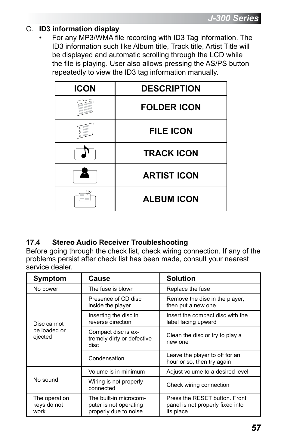 4 stereo audio receiver troubleshooting, J-300 series | Jacuzzi J - 355 User Manual | Page 61 / 68