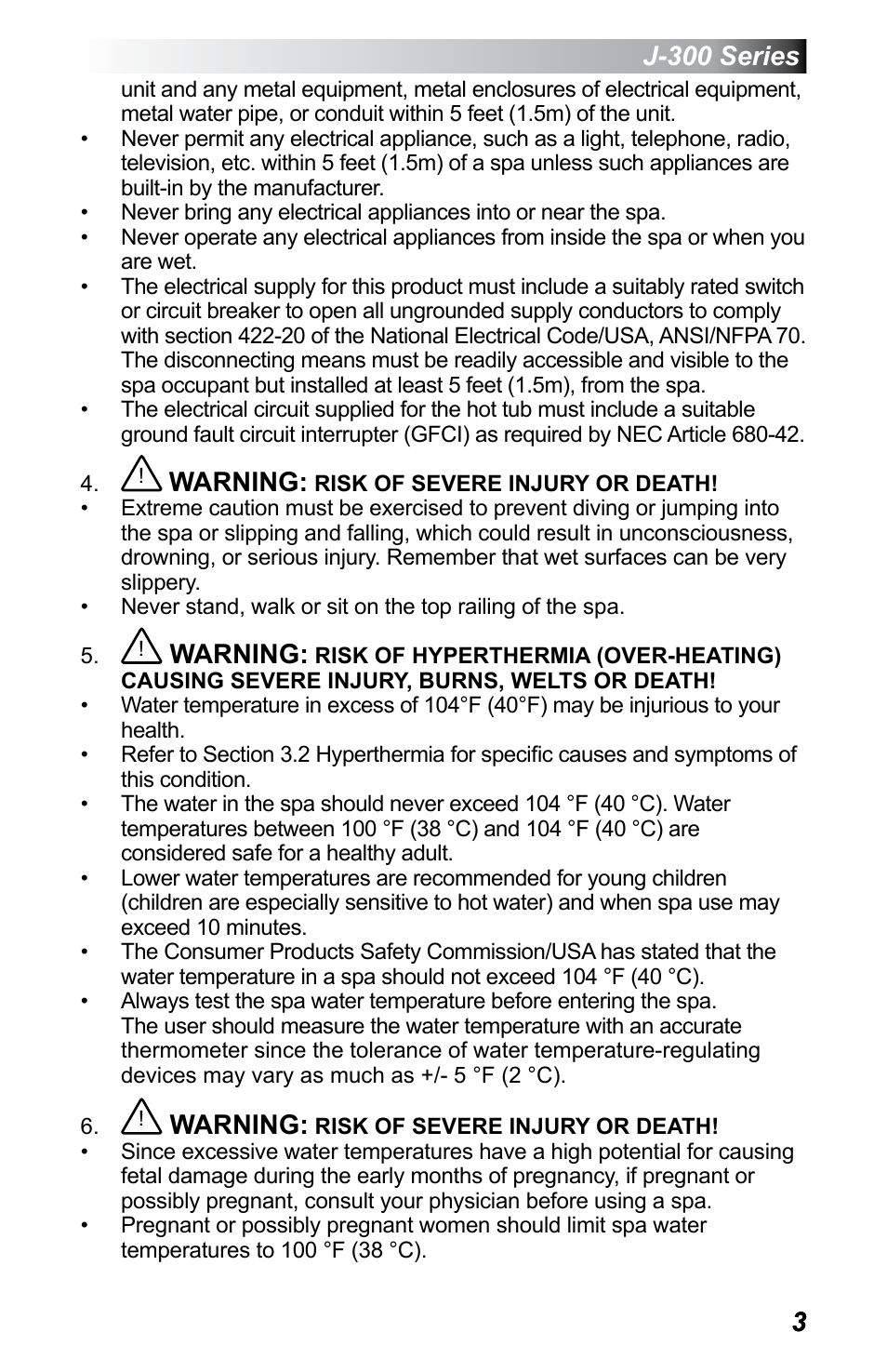 J-300 series, Warning | Jacuzzi J - 355 User Manual | Page 7 / 68
