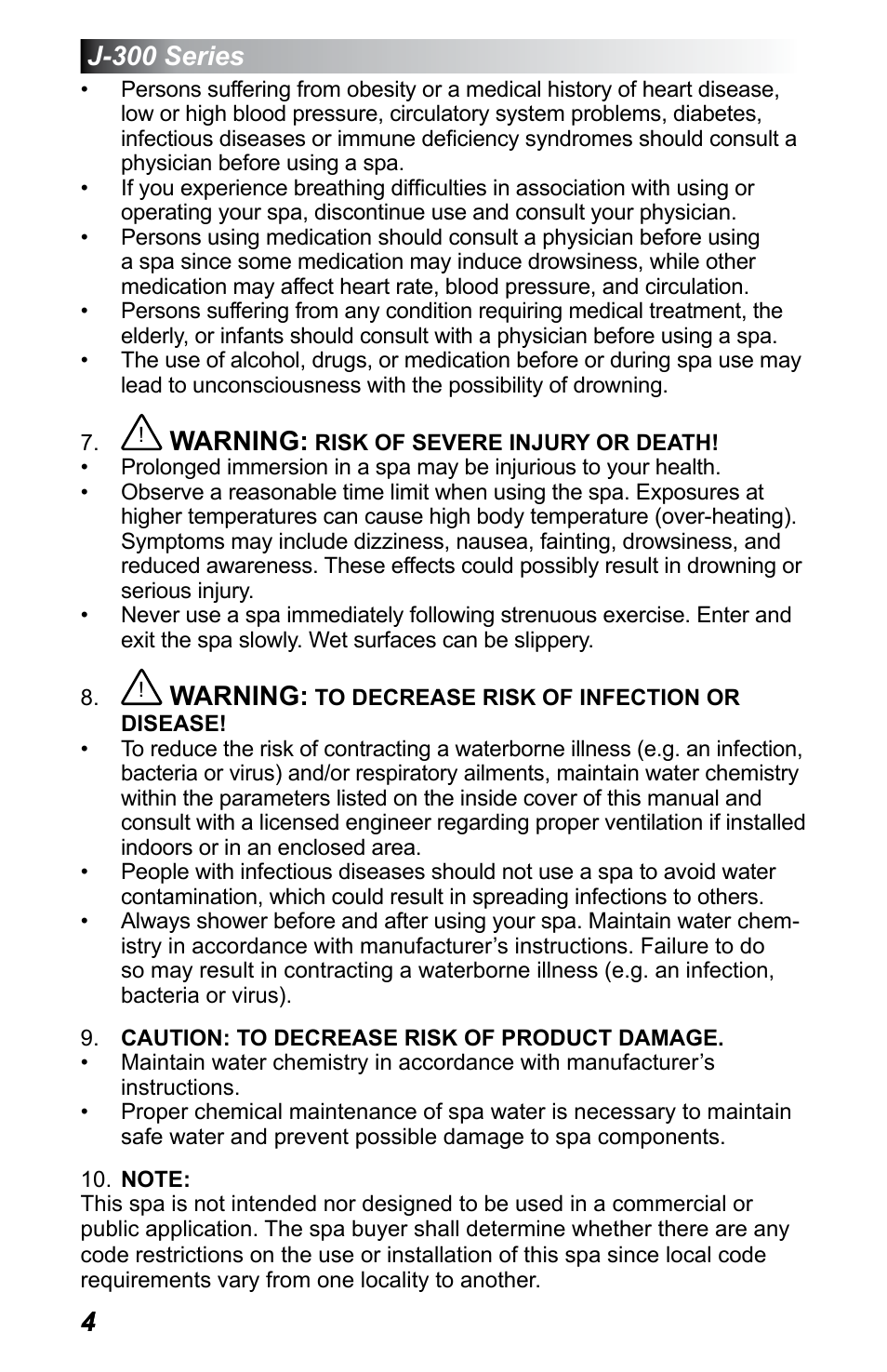 4j-300 series, Warning | Jacuzzi J - 355 User Manual | Page 8 / 68