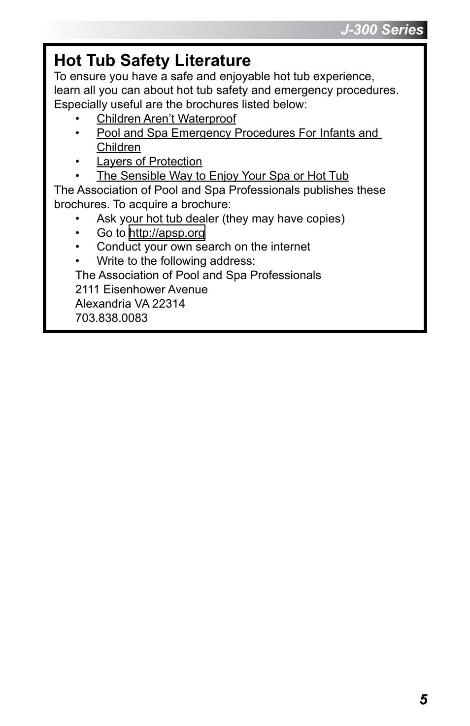 Hot tub safety literature, J-300 series | Jacuzzi J - 355 User Manual | Page 9 / 68