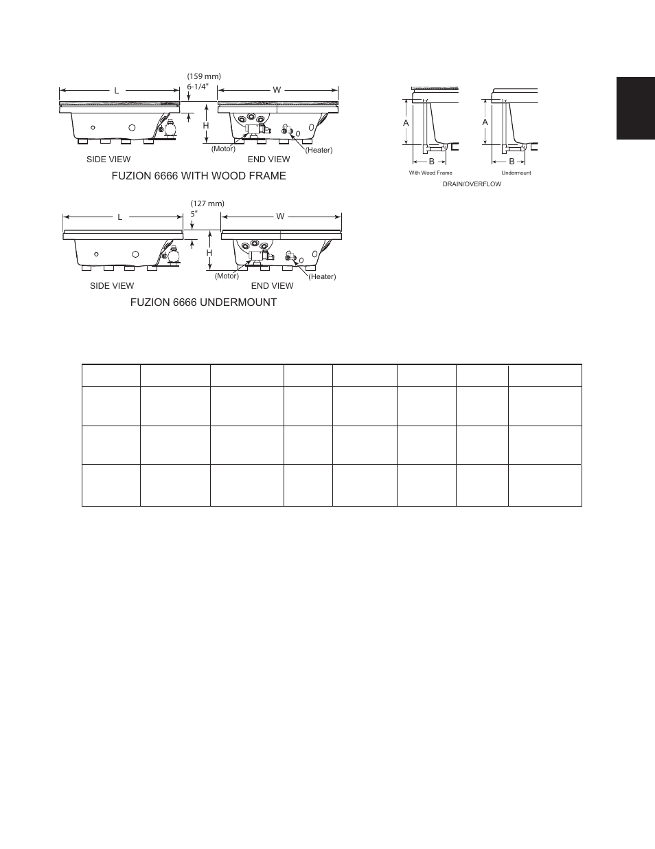Specifications, Corner baths, Fuzion 6666 with wood frame | Fuzion 6666 undermount | Jacuzzi FUZION BATH SERIES 7260 User Manual | Page 7 / 26