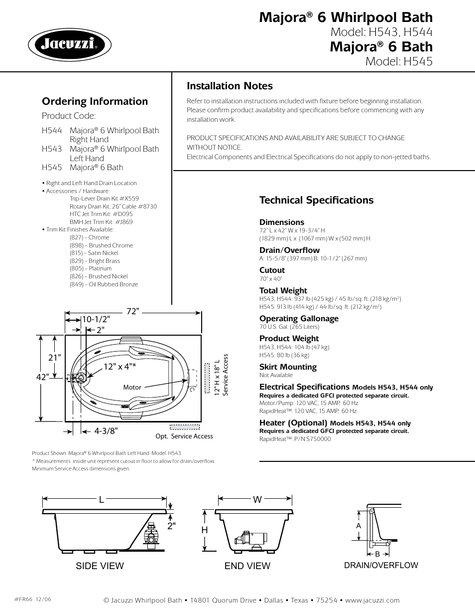Majora® 6 whirlpool bath, Majora® 6 bath, Model: h545 | Ordering information, Technical specifications | Jacuzzi majora FR66 User Manual | Page 2 / 2
