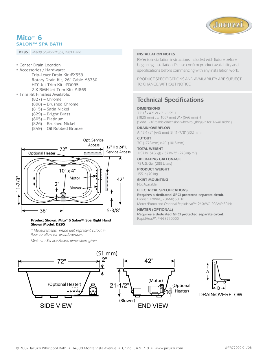 Mito, Technical specifications | Jacuzzi Mito DZ95 User Manual | Page 2 / 2