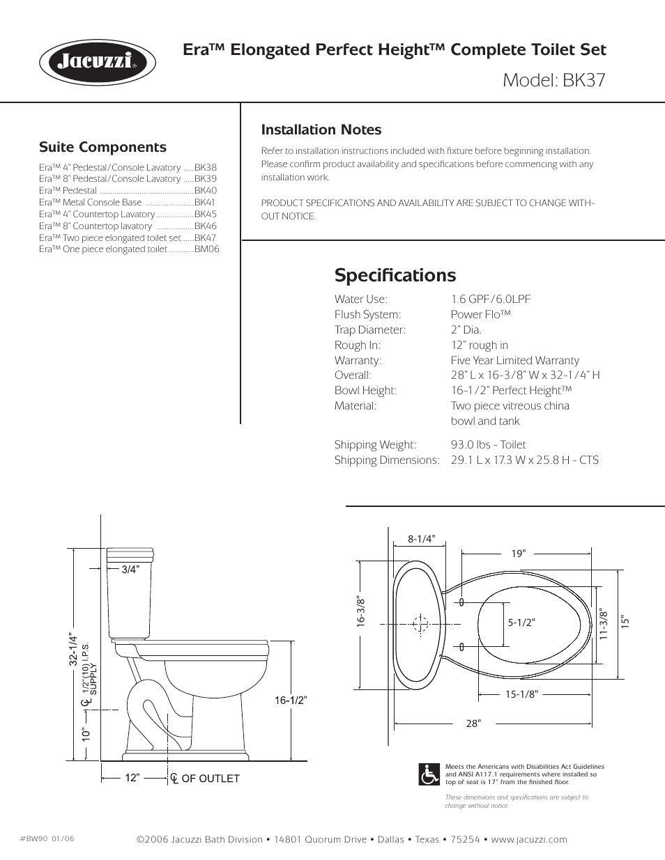 Model: bk37, Speciﬁcations, Era™ elongated perfect height™ complete toilet set | Suite components | Jacuzzi BK37 User Manual | Page 2 / 2