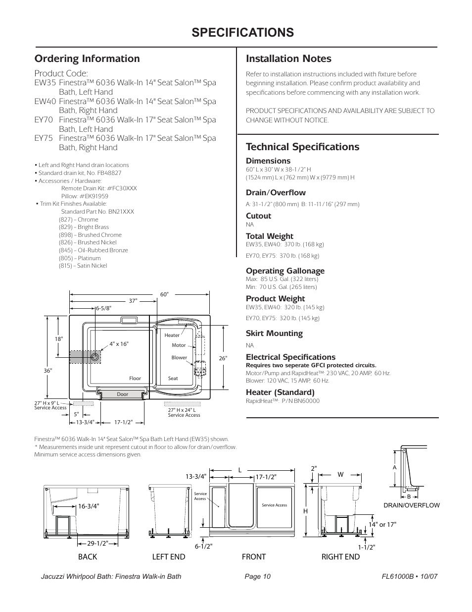 Specifications, Technical specifications, Ordering information | Product code, Finestra™ 6036, Dimensions, Drain/overflow, Cutout, Total weight, Operating gallonage | Jacuzzi Finestra FL61000 User Manual | Page 10 / 28