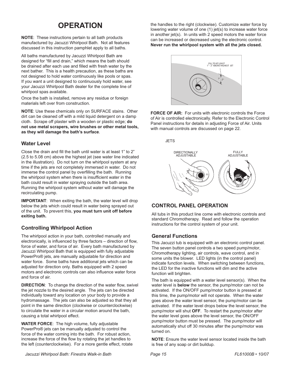 Operation | Jacuzzi Finestra FL61000 User Manual | Page 15 / 28