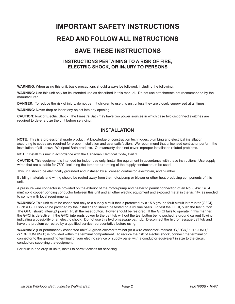 Important safety instructions | Jacuzzi Finestra FL61000 User Manual | Page 2 / 28