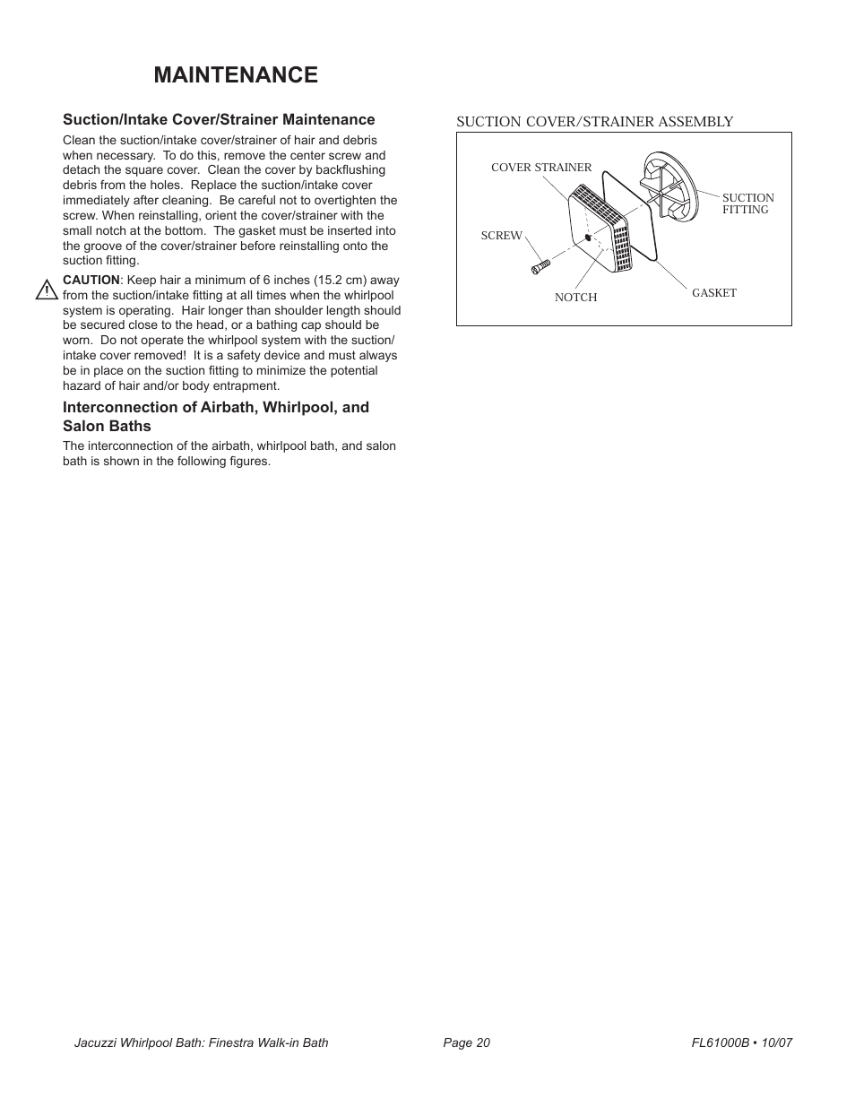 Maintenance | Jacuzzi Finestra FL61000 User Manual | Page 20 / 28