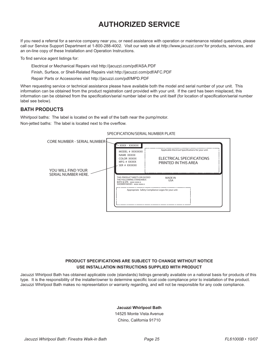 Authorized service, Bath products | Jacuzzi Finestra FL61000 User Manual | Page 25 / 28