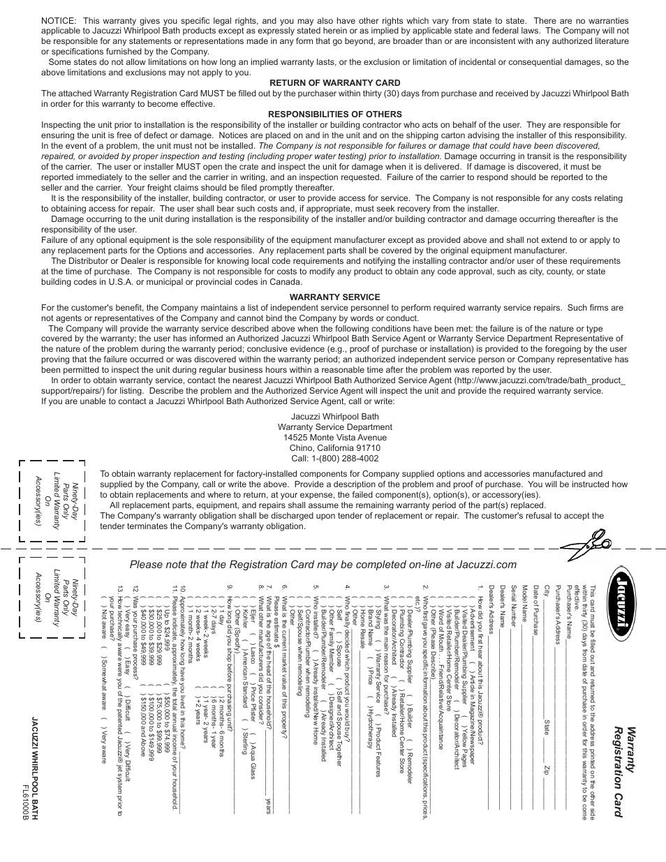 Warranty registration card | Jacuzzi Finestra FL61000 User Manual | Page 28 / 28