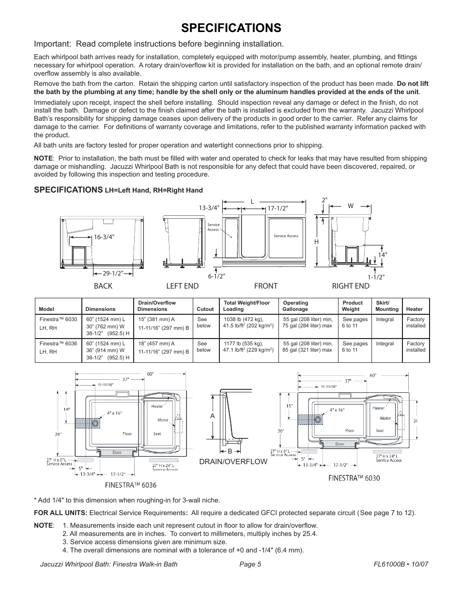 Specifications, Back front left end right end | Jacuzzi Finestra FL61000 User Manual | Page 5 / 28