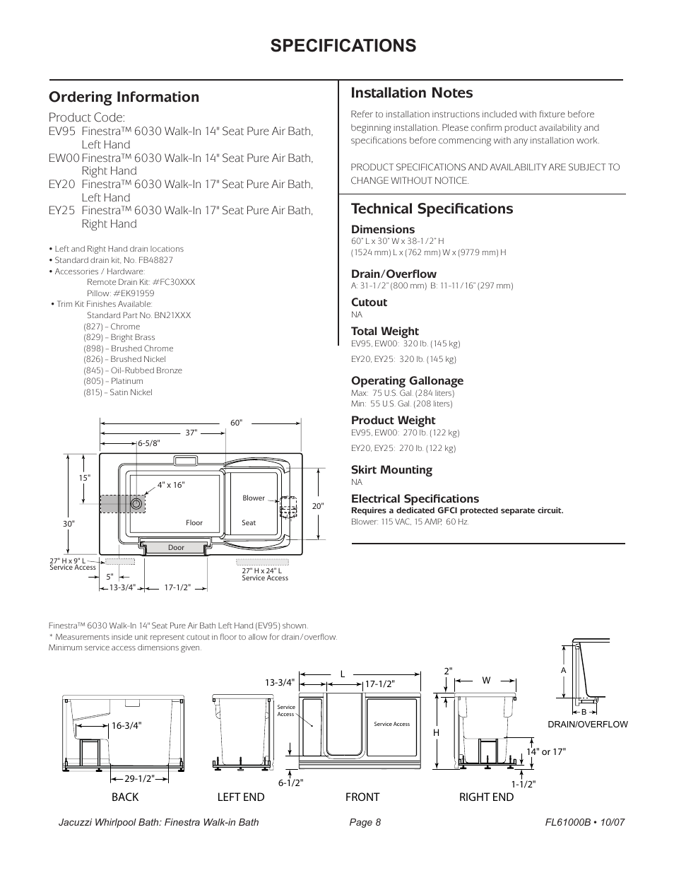 Specifications, Technical specifications, Ordering information | Product code, Finestra™ 6030 | Jacuzzi Finestra FL61000 User Manual | Page 8 / 28