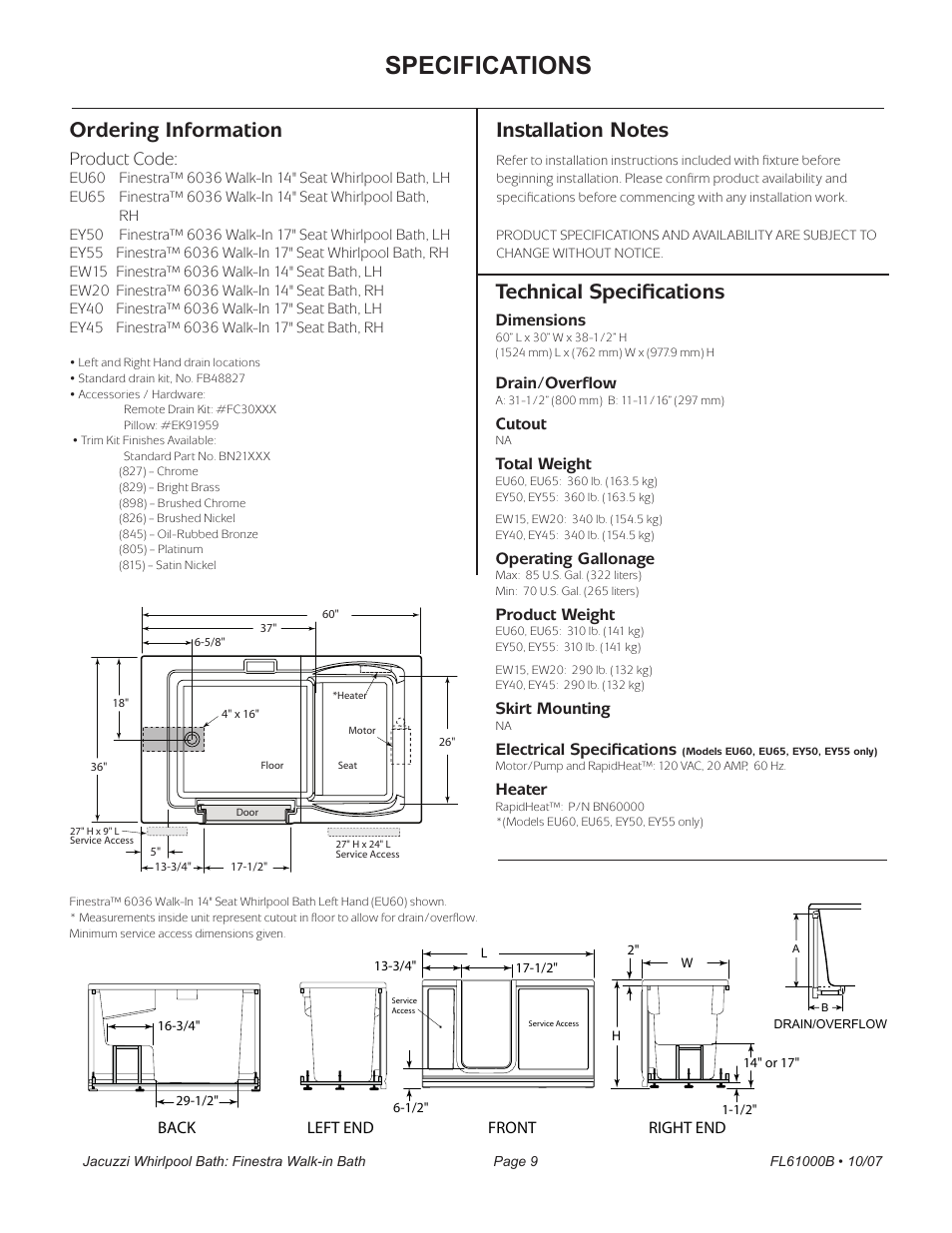 Specifications, Technical specifications, Ordering information | Product code, Finestra™ 6036, Dimensions, Drain/overflow, Cutout, Total weight, Operating gallonage | Jacuzzi Finestra FL61000 User Manual | Page 9 / 28