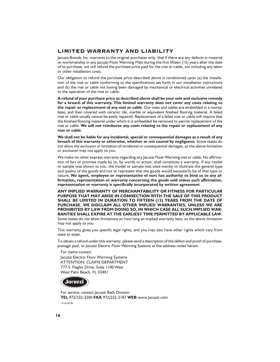 Limited warranty and liability | Jacuzzi Dome For Shower Surround System None User Manual | Page 18 / 22