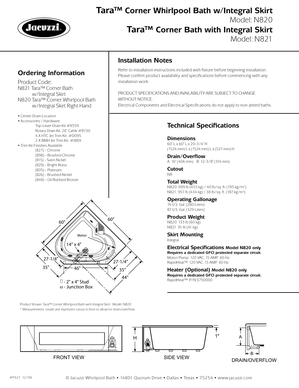 Tara, Corner whirlpool bath w/integral skirt, Corner bath with integral skirt | Model: n820, Model: n821, Ordering information, Technical specifications | Jacuzzi Tara N820 User Manual | Page 2 / 2