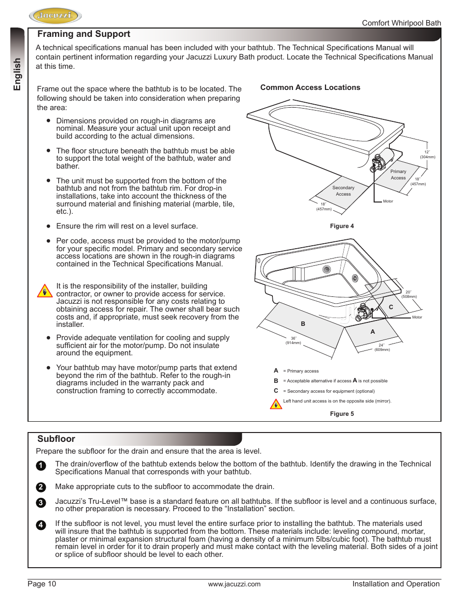 English framing and support, Subfloor | Jacuzzi HE97000 User Manual | Page 10 / 90