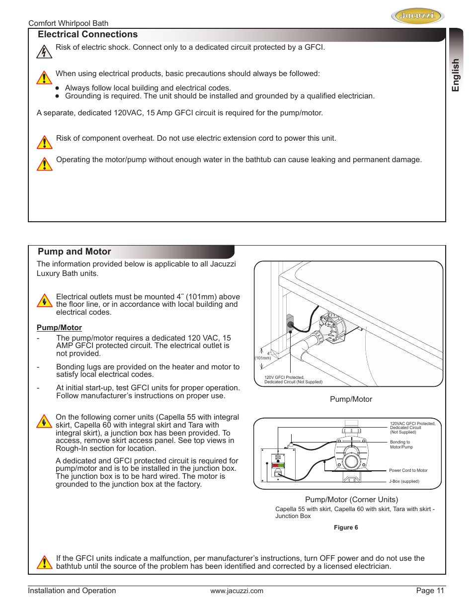 English electrical connections pump and motor | Jacuzzi HE97000 User Manual | Page 11 / 90