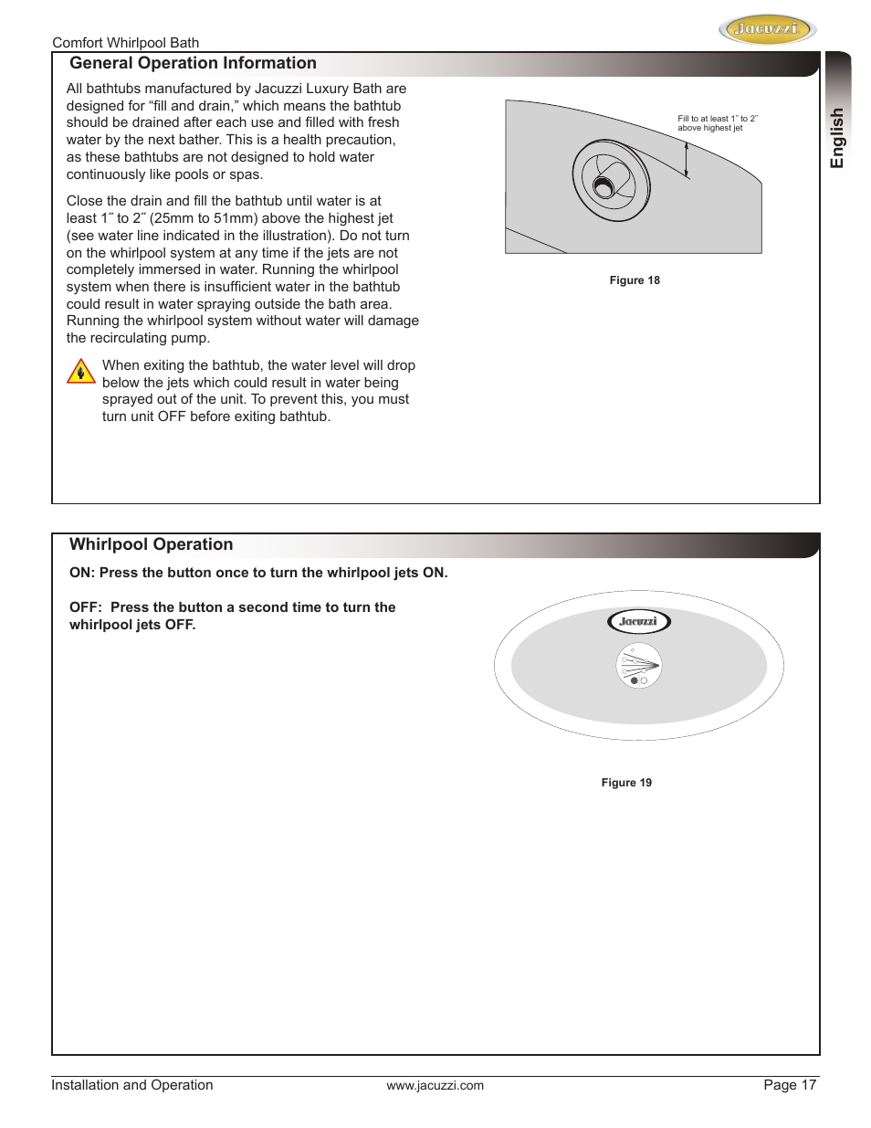 English general operation information, Whirlpool operation | Jacuzzi HE97000 User Manual | Page 17 / 90