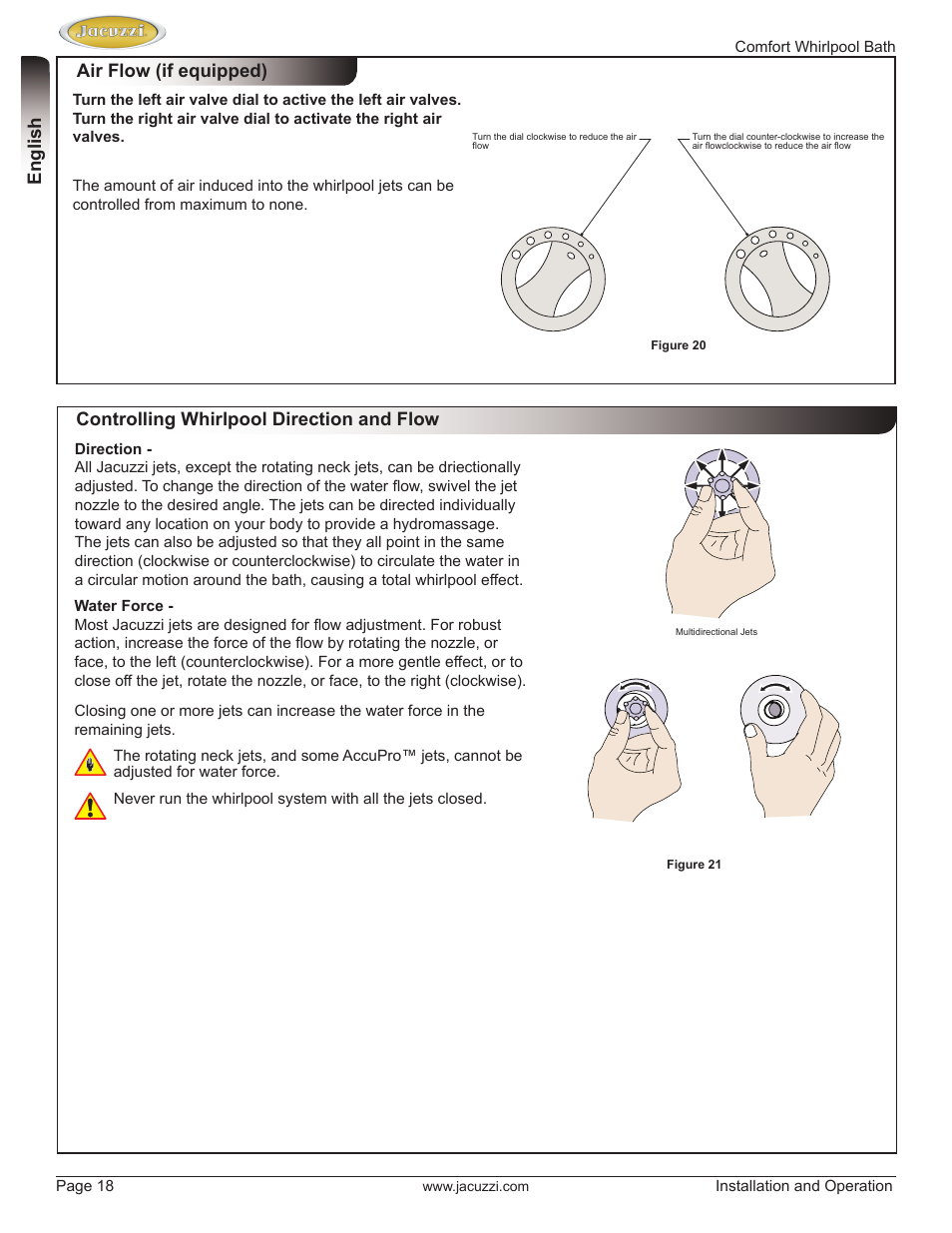 English, Air flow (if equipped), Controlling whirlpool direction and flow | Jacuzzi HE97000 User Manual | Page 18 / 90