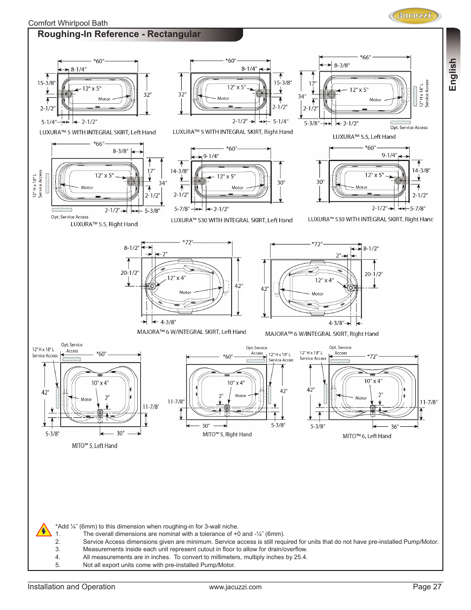 English roughing-in reference - rectangular | Jacuzzi HE97000 User Manual | Page 27 / 90