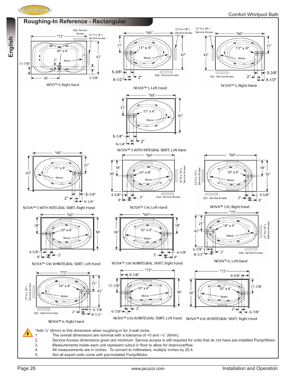 English roughing-in reference - rectangular | Jacuzzi HE97000 User Manual | Page 28 / 90