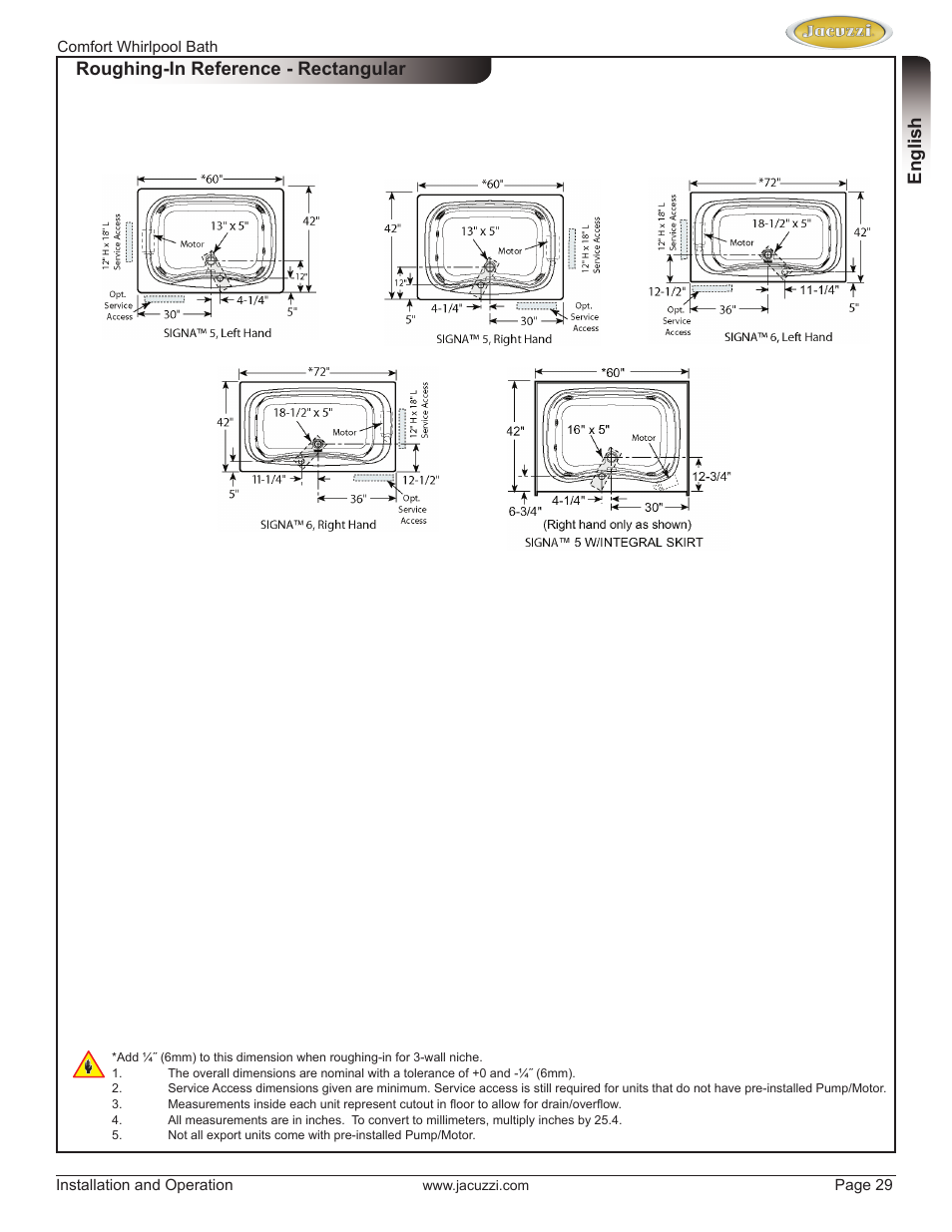 English roughing-in reference - rectangular | Jacuzzi HE97000 User Manual | Page 29 / 90