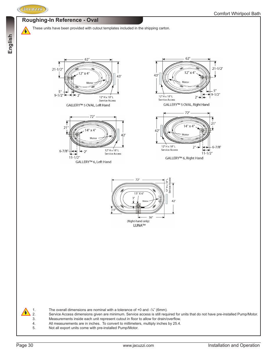 English roughing-in reference - oval | Jacuzzi HE97000 User Manual | Page 30 / 90