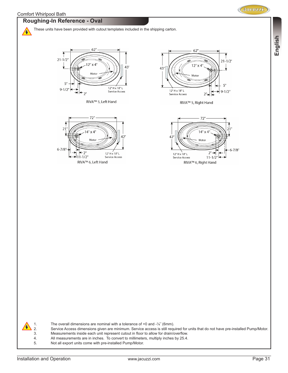 English roughing-in reference - oval | Jacuzzi HE97000 User Manual | Page 31 / 90