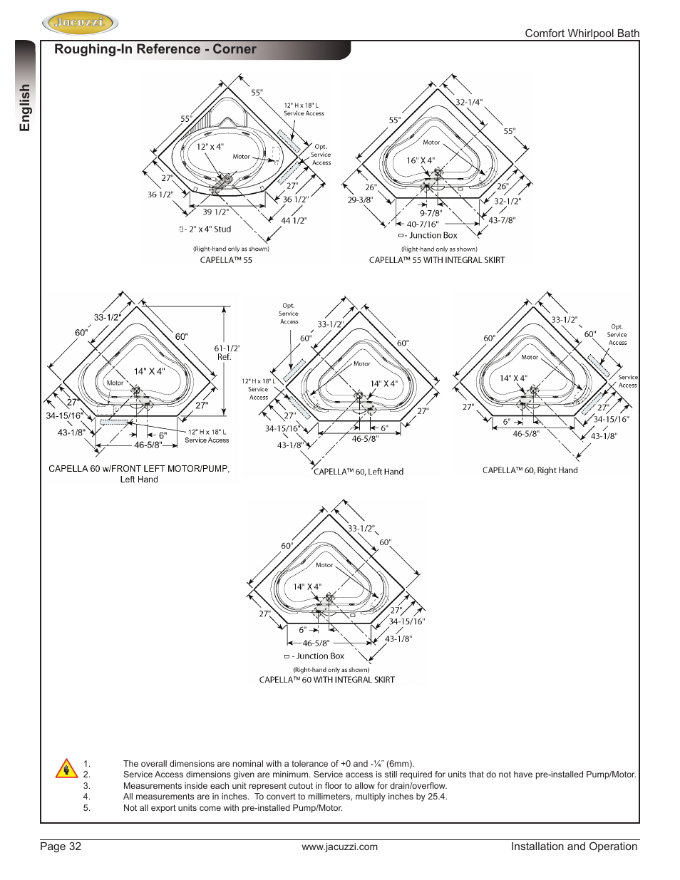 English, Roughing-in reference - corner | Jacuzzi HE97000 User Manual | Page 32 / 90