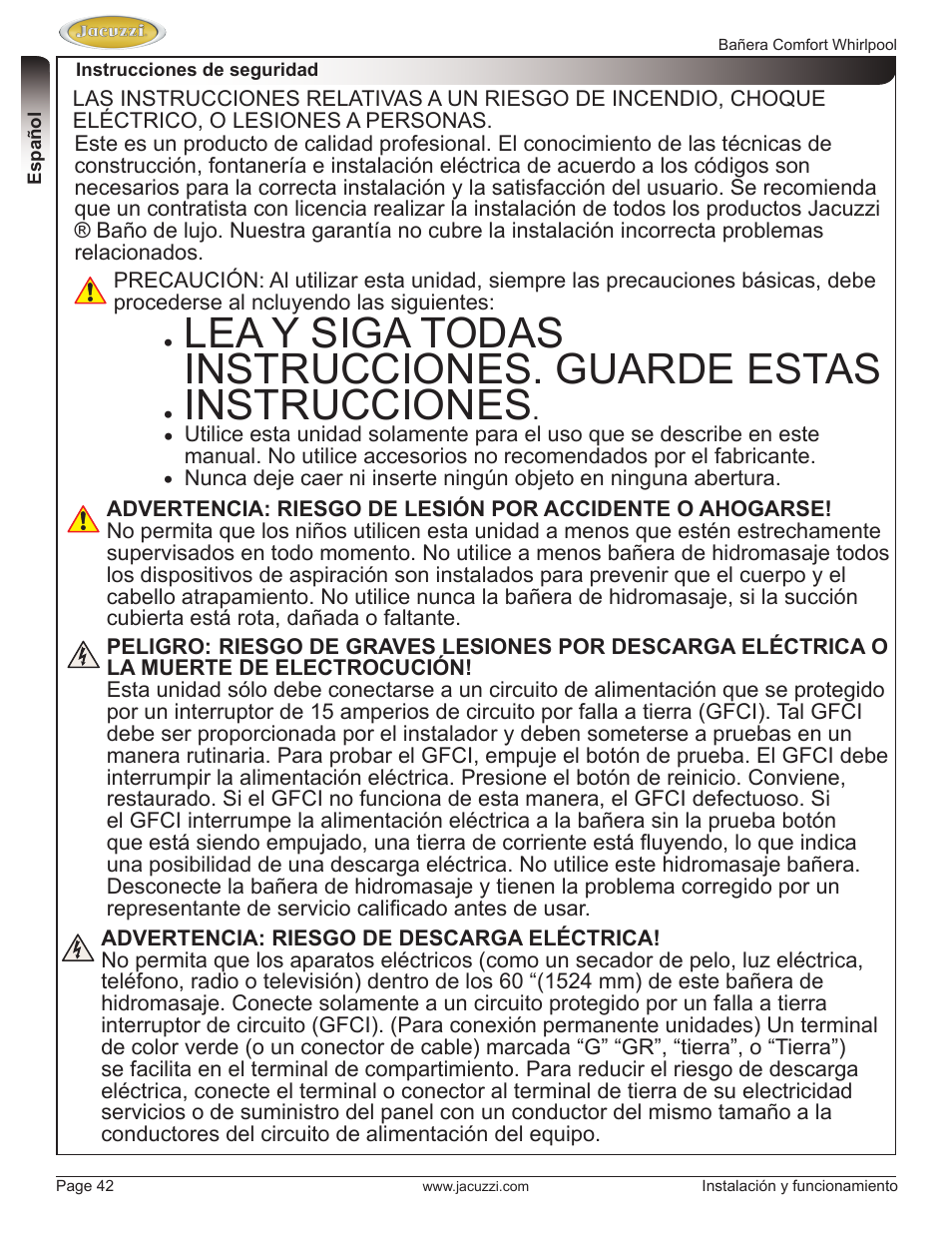 Lea y siga todas instrucciones. guarde estas, Instrucciones | Jacuzzi HE97000 User Manual | Page 42 / 90