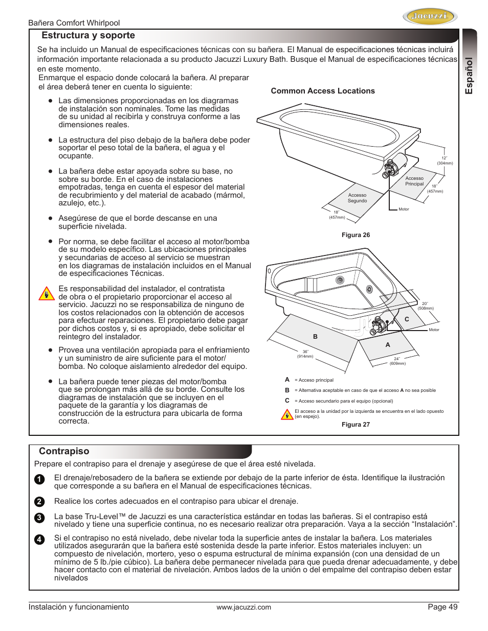 Englishespañol estructura y soporte, Contrapiso | Jacuzzi HE97000 User Manual | Page 49 / 90