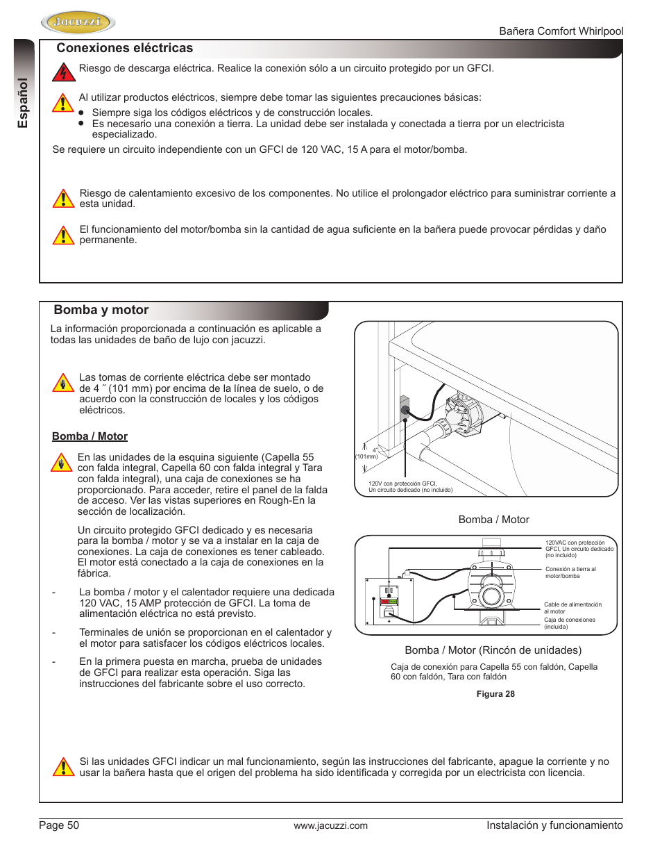 Englishespañol conexiones eléctricas, Bomba y motor | Jacuzzi HE97000 User Manual | Page 50 / 90