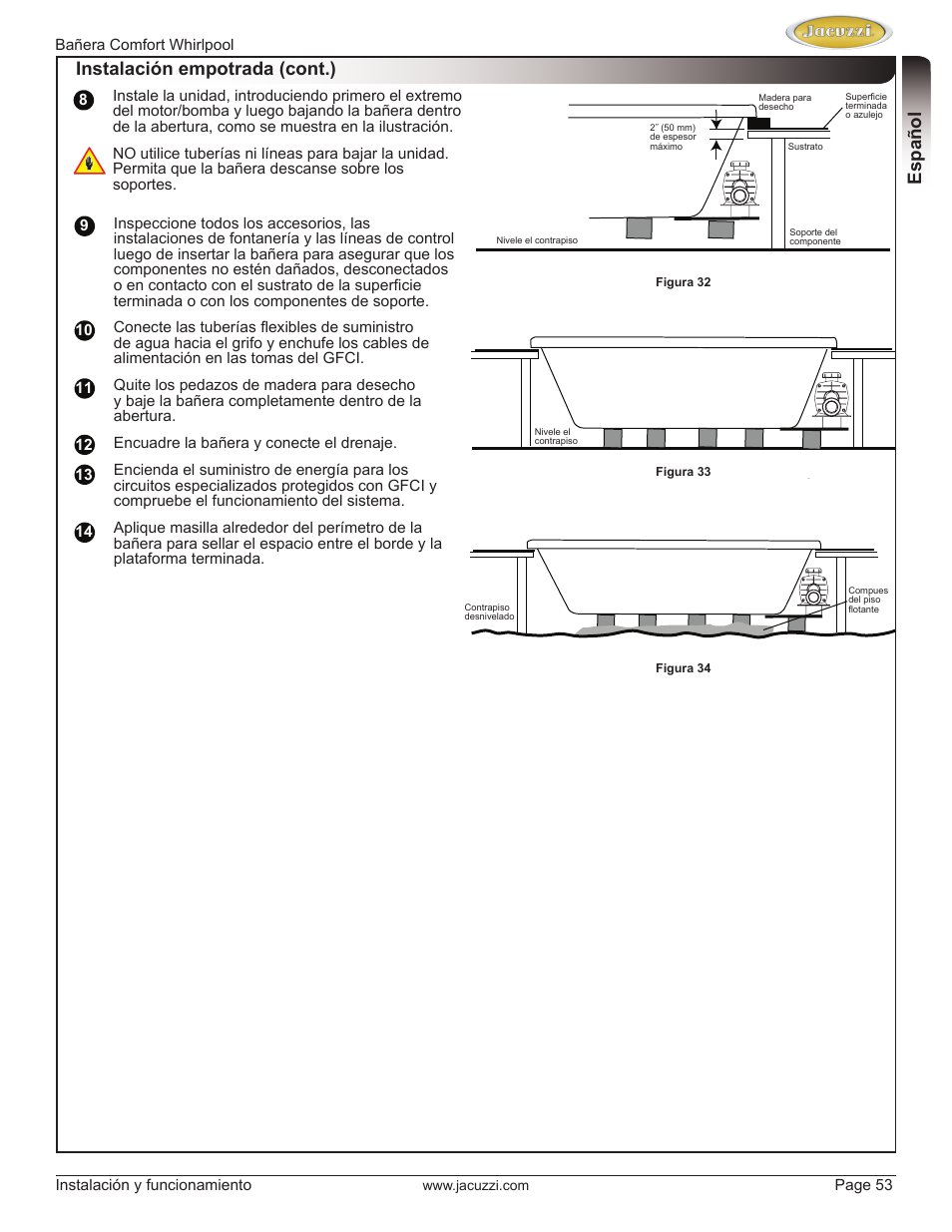 Englishespañol, Instalación empotrada (cont.) | Jacuzzi HE97000 User Manual | Page 53 / 90