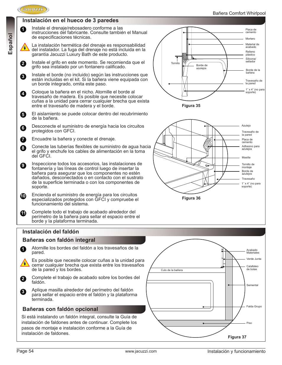 Instalación del faldón bañeras con faldón integral, Bañeras con faldón opcional | Jacuzzi HE97000 User Manual | Page 54 / 90